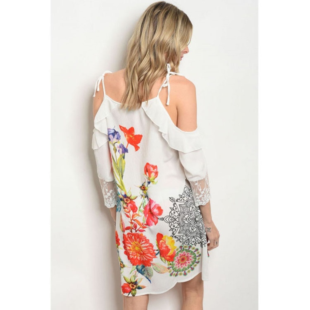 Floral Lace Detail White Cold Shoulder Dress - Picture 3 of 3